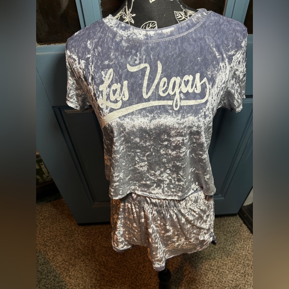 Las Vegas Crushed Velvet Short Pajama Set - Lilac - both pieces size large